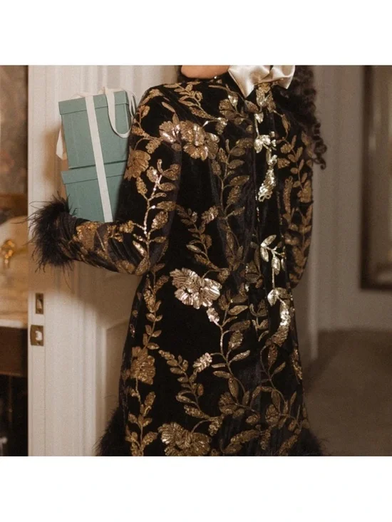 Ivy city co zarah black Mini Dress with Gold Floral Embroidery and Feather Trim - Picture 5 of 5